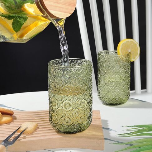 Joeyan Vintage Green Drinking Glasses,Embossed Floral Highball Glass Water Tumbler,14 oz Colored Beverages Juice Cocktail Beer Wine Glassware Cups,Set of 4,Dishwasher Safe in Kuwait