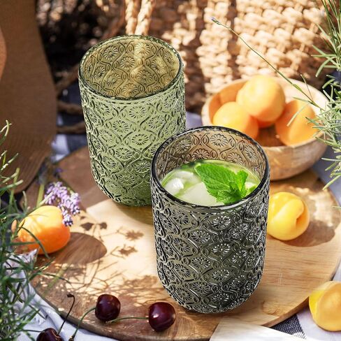 Joeyan Vintage Green Drinking Glasses,Embossed Floral Highball Glass Water Tumbler,14 oz Colored Beverages Juice Cocktail Beer Wine Glassware Cups,Set of 4,Dishwasher Safe in Kuwait