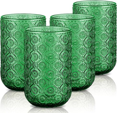 Joeyan Vintage Green Drinking Glasses,Embossed Floral Highball Glass Water Tumbler,14 oz Colored Beverages Juice Cocktail Beer Wine Glassware Cups,Set of 4,Dishwasher Safe in Kuwait