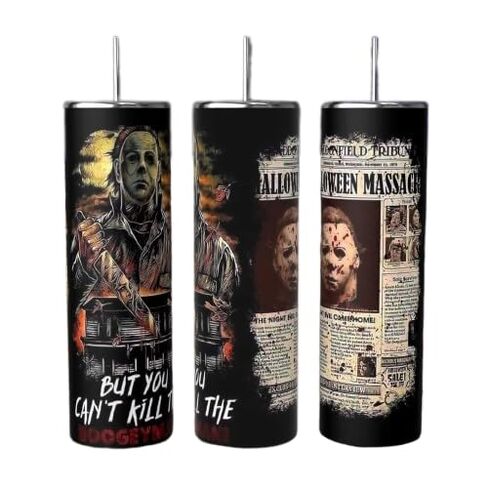 Halloween Horror Movie Michael Meyers 20 oz Skinny Thermal Insulated Stainless Steel Tumbler for Hot or Cold Beverages Includes Stainless Steel Straw Cleaning Brush Non-Skid Rubber Bottom &Gift Box in Saudi Arabia