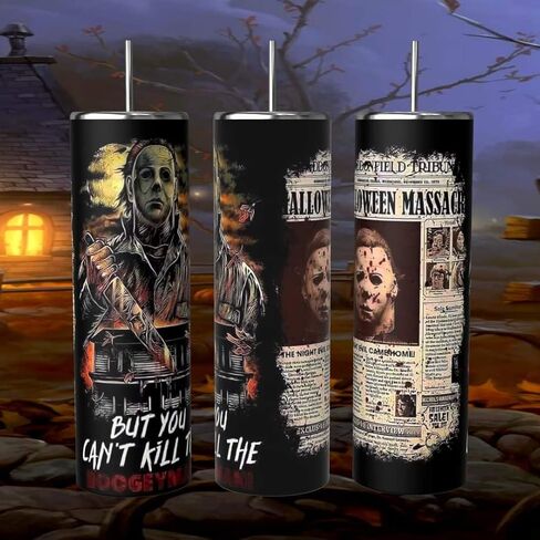 Halloween Horror Movie Michael Meyers 20 oz Skinny Thermal Insulated Stainless Steel Tumbler for Hot or Cold Beverages Includes Stainless Steel Straw Cleaning Brush Non-Skid Rubber Bottom &Gift Box in Saudi Arabia