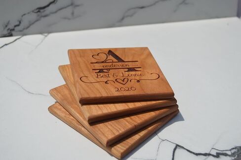 Personalized Wooden Coasters with Monogram, Wedding Date Engraved, Family Name- Choice of Wood (Wedding Couple) in Kuwait