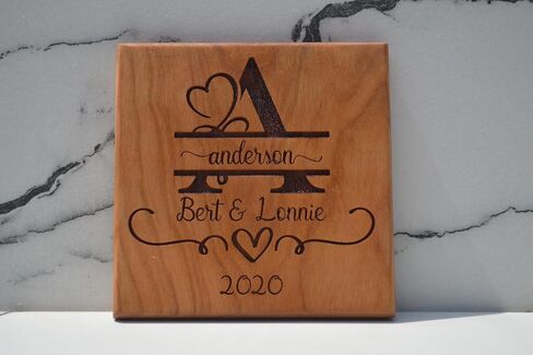 Personalized Wooden Coasters with Monogram, Wedding Date Engraved, Family Name- Choice of Wood (Wedding Couple) in Kuwait
