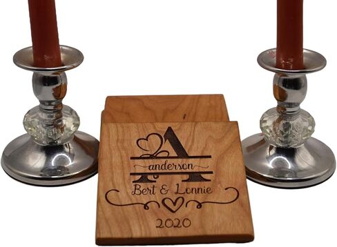 Personalized Wooden Coasters with Monogram, Wedding Date Engraved, Family Name- Choice of Wood (Wedding Couple) in Kuwait