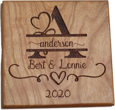 Personalized Wooden Coasters with Monogram, Wedding Date Engraved, Family Name- Choice of Wood (Wedding Couple) in Kuwait