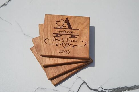 Personalized Wooden Coasters with Monogram, Wedding Date Engraved, Family Name- Choice of Wood (Wedding Couple) in Kuwait