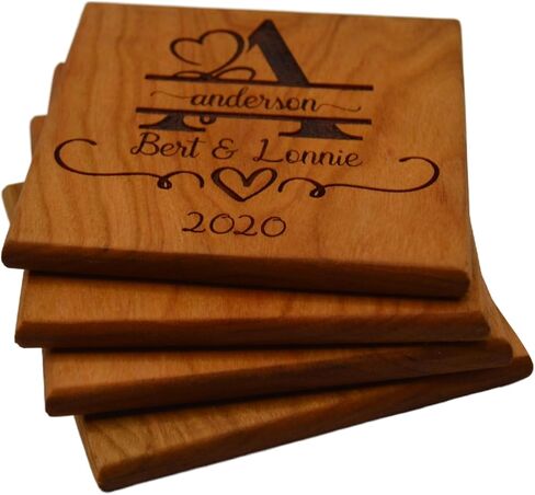 Personalized Wooden Coasters with Monogram, Wedding Date Engraved, Family Name- Choice of Wood (Wedding Couple) in Kuwait