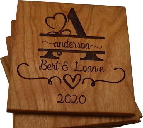 Personalized Wooden Coasters with Monogram, Wedding Date Engraved, Family Name- Choice of Wood (Wedding Couple) in Kuwait