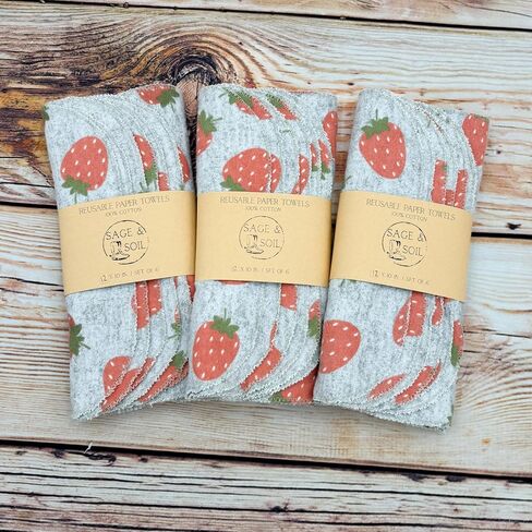 Strawberries On Gray Reusable Paper Towels - 6 Pack Of 12" x 10" Washable, Absorbent, 100% Cotton paperless Towels in Saudi Arabia