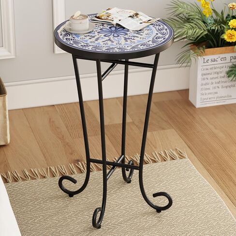 طاولة جانبية مستديرة في الهواء الطلق ، طاولة نهاية الفناء من السيراميك مع إطار معدني ، طاولة شاي قهوة صغيرة حديثة للكنة الفناء شرفة داخلية 14 "فسيفساء غموض in Kuwait