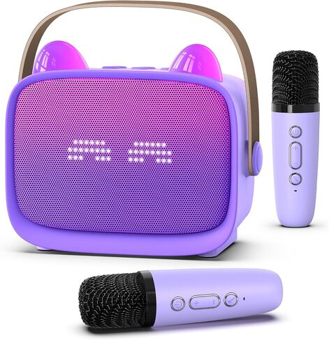 MGAOLO ترقية لعبة Mini Karaoke Machine للأطفال ، مكبر صوت بلوتوث المحمول مع 2 ميكروفونات لاسلكية ، تعبيري وأضواء LED الملونة ، السفر المنزلي واللعب هدايا للبنين (الأرجواني) in Kuwait