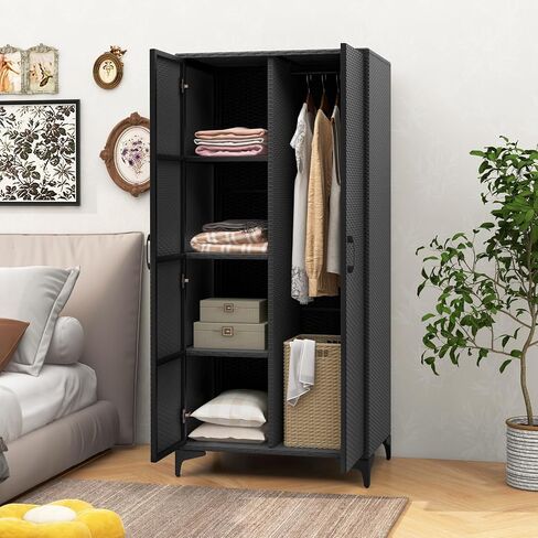 Giantex Wicker Storage Cabinet, 62" Tall Pantry Cabinet with 2 Doors, Hanging Rod, 4 Storage Cubes, Metal Legs, Anti-Tipping Device, PE Rattan Storage Cabinet for Home Office, Garage Cabinets (Brown) in Saudi Arabia