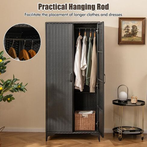 Giantex Wicker Storage Cabinet, 62" Tall Pantry Cabinet with 2 Doors, Hanging Rod, 4 Storage Cubes, Metal Legs, Anti-Tipping Device, PE Rattan Storage Cabinet for Home Office, Garage Cabinets (Brown) in Saudi Arabia