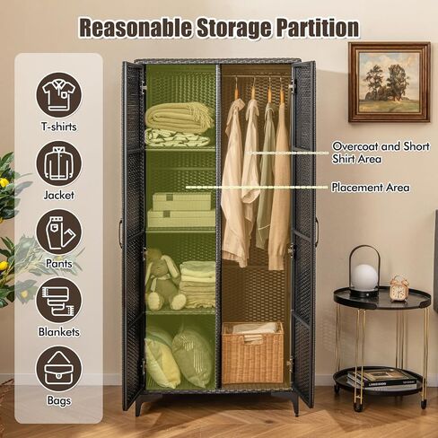 Giantex Wicker Storage Cabinet, 62" Tall Pantry Cabinet with 2 Doors, Hanging Rod, 4 Storage Cubes, Metal Legs, Anti-Tipping Device, PE Rattan Storage Cabinet for Home Office, Garage Cabinets (Brown) in Saudi Arabia