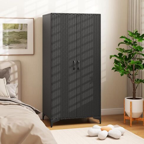 Giantex Wicker Storage Cabinet, 62" Tall Pantry Cabinet with 2 Doors, Hanging Rod, 4 Storage Cubes, Metal Legs, Anti-Tipping Device, PE Rattan Storage Cabinet for Home Office, Garage Cabinets (Brown) in Saudi Arabia
