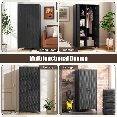 Giantex Wicker Storage Cabinet, 62" Tall Pantry Cabinet with 2 Doors, Hanging Rod, 4 Storage Cubes, Metal Legs, Anti-Tipping Device, PE Rattan Storage Cabinet for Home Office, Garage Cabinets (Brown) in Saudi Arabia