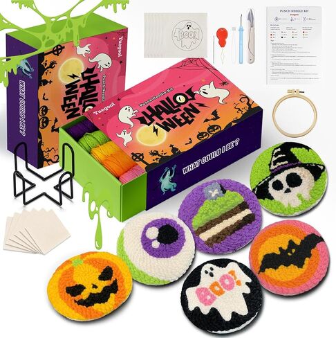 yuegool 6PCS Halloween Punch Needle Coasters Kit – Easy DIY Embroidery Kit for Beginners, Adults & Kids | Includes Patterns, Tools, Yarns, Hoop, Instructions, Coaster Holder in Kuwait