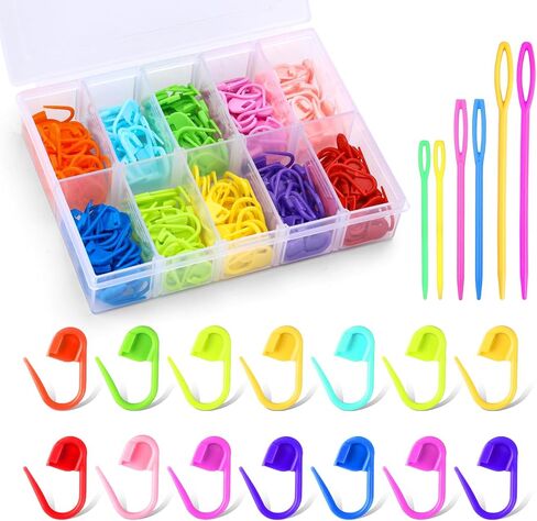LUNARM 200 Pcs Stitch Markers for Crocheting, 10 Color Crochet Stitch Markers Knitting Locking Clip Pins with 6 Yarn Needles for DIY Craft Sewing in Kuwait