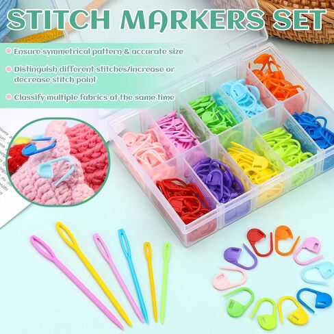 LUNARM 200 Pcs Stitch Markers for Crocheting, 10 Color Crochet Stitch Markers Knitting Locking Clip Pins with 6 Yarn Needles for DIY Craft Sewing in Kuwait