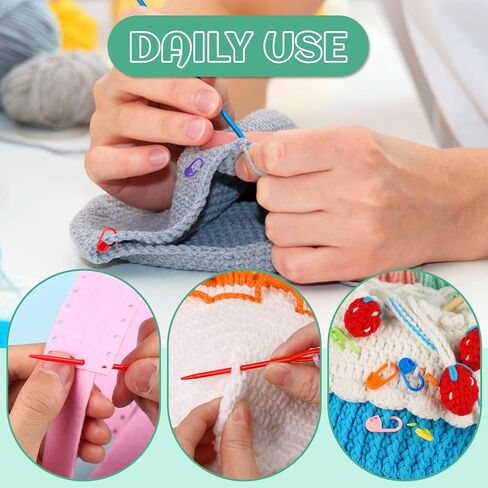 LUNARM 200 Pcs Stitch Markers for Crocheting, 10 Color Crochet Stitch Markers Knitting Locking Clip Pins with 6 Yarn Needles for DIY Craft Sewing in Kuwait