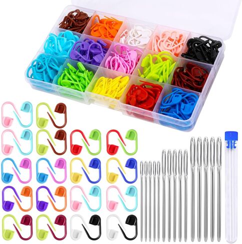 LUNARM 200 Pcs Stitch Markers for Crocheting, 10 Color Crochet Stitch Markers Knitting Locking Clip Pins with 6 Yarn Needles for DIY Craft Sewing in Kuwait