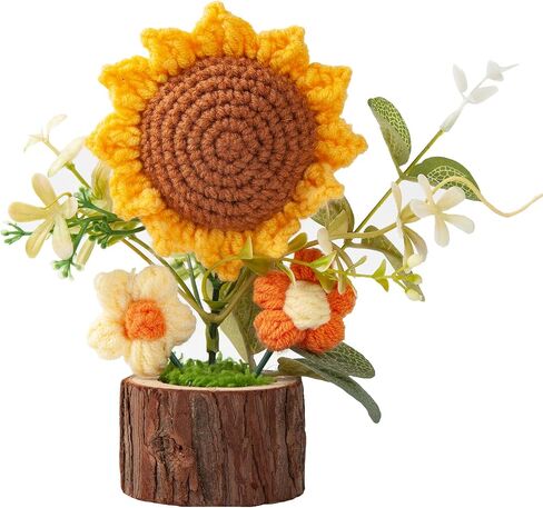 Hand Woven Potted Plant Yarn, Crochet Sunflower Bouquet, Handmade Gift, Home Decoration, Knitted Simulation Flower(Style8（Double Layered Sunflower）) in Saudi Arabia