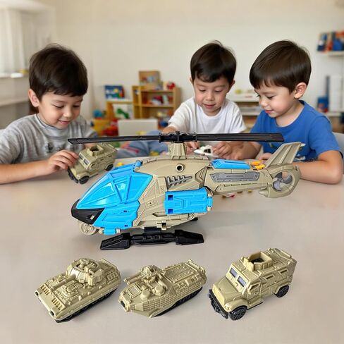 شملت لعبة الهليكوبتر لعبة PlaySet للأولاد ، وألعاب الهليكوبتر للأولاد الذين تتراوح أعمارهم بين 4 و 7 سنوات ، وتشمل طائرة واحدة و 3 دبابات ، وتصميم دائم ، وتفاصيل واقعية ، وهدية للأطفال in Kuwait
