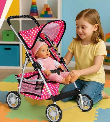 fash n kolor® - Doll Stroller My First Baby Doll Strollers Toy - Flower Design with Basket in The Bottom- Doll Accessories 2 Free Magic Bottles Included (Flower Design) in Kuwait
