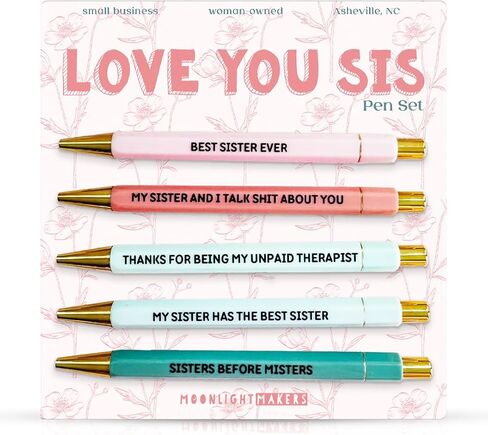 Moonlight Makers - Set of 5 Ballpoint Pens Black Ink- Engraved Funny Pens for Adults - Best Sister Ever Appreciation Adult Gifts - Ideal Desk Decor for Work & Office Desk - Cute Packaging, Handy Clips in Saudi Arabia