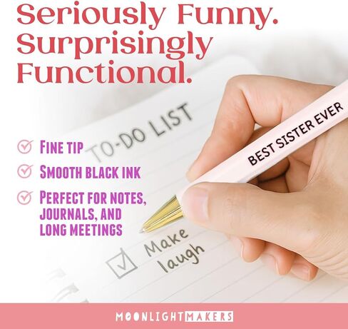 Moonlight Makers - Set of 5 Ballpoint Pens Black Ink- Engraved Funny Pens for Adults - Best Sister Ever Appreciation Adult Gifts - Ideal Desk Decor for Work & Office Desk - Cute Packaging, Handy Clips in Saudi Arabia