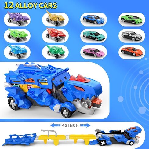 Dinosaur Car Toy with 12 Alloy Cars,45 inch Foldable Track & Launch Button for Two-Player Racing,Transforms into Dino & Swallow System,Ideal Xmas Birthday Gift for Boys Girls Ages 3-12 (Blue) in Saudi Arabia