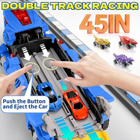Dinosaur Car Toy with 12 Alloy Cars,45 inch Foldable Track & Launch Button for Two-Player Racing,Transforms into Dino & Swallow System,Ideal Xmas Birthday Gift for Boys Girls Ages 3-12 (Blue) in Saudi Arabia