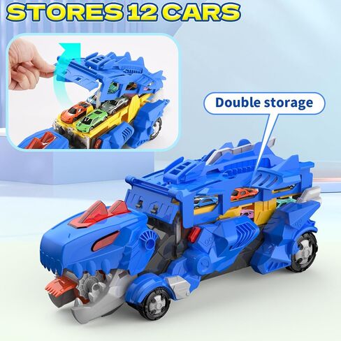 Dinosaur Car Toy with 12 Alloy Cars,45 inch Foldable Track & Launch Button for Two-Player Racing,Transforms into Dino & Swallow System,Ideal Xmas Birthday Gift for Boys Girls Ages 3-12 (Blue) in Saudi Arabia
