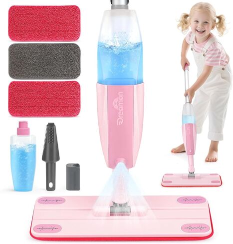 Dreamon Kids Pray Mop - مجموعة تنظيف صغيرة تعمل مع رشيش الماء و 3 منصات ممسحة قابلة للغسل وكاشطة ، تتظاهر بلعب Montessori Housekeeping Toys Homps للأطفال الصغار للأطفال الفتيات (الأزرق) in Kuwait