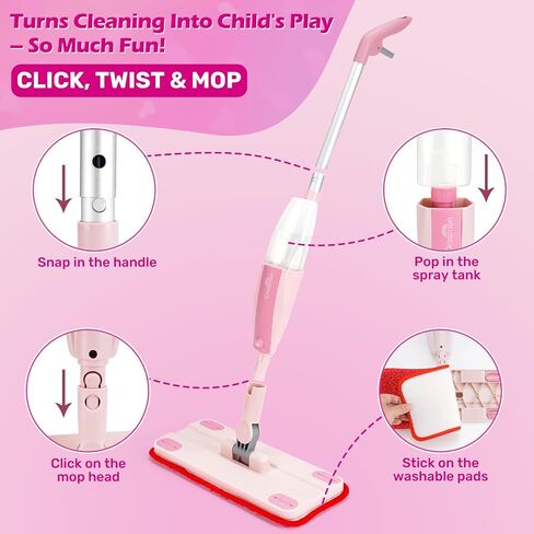 Dreamon Kids Pray Mop - مجموعة تنظيف صغيرة تعمل مع رشيش الماء و 3 منصات ممسحة قابلة للغسل وكاشطة ، تتظاهر بلعب Montessori Housekeeping Toys Homps للأطفال الصغار للأطفال الفتيات (الأزرق) in Kuwait