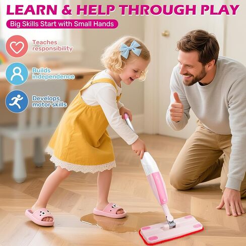 Dreamon Kids Pray Mop - مجموعة تنظيف صغيرة تعمل مع رشيش الماء و 3 منصات ممسحة قابلة للغسل وكاشطة ، تتظاهر بلعب Montessori Housekeeping Toys Homps للأطفال الصغار للأطفال الفتيات (الأزرق) in Kuwait