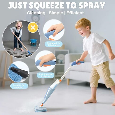 Dreamon Kids Pray Mop - مجموعة تنظيف صغيرة تعمل مع رشيش الماء و 3 منصات ممسحة قابلة للغسل وكاشطة ، تتظاهر بلعب Montessori Housekeeping Toys Homps للأطفال الصغار للأطفال الفتيات (الأزرق) in Kuwait