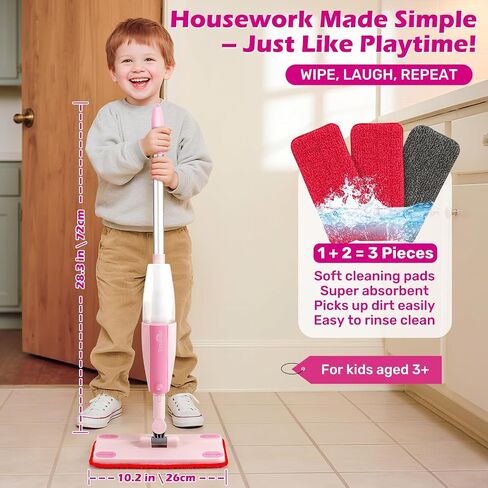 Dreamon Kids Pray Mop - مجموعة تنظيف صغيرة تعمل مع رشيش الماء و 3 منصات ممسحة قابلة للغسل وكاشطة ، تتظاهر بلعب Montessori Housekeeping Toys Homps للأطفال الصغار للأطفال الفتيات (الأزرق) in Kuwait