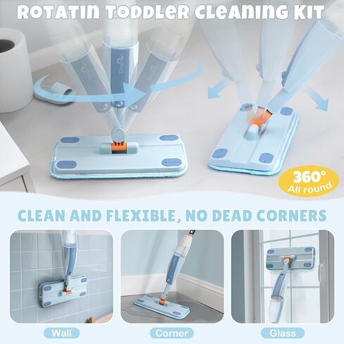 Dreamon Kids Pray Mop - مجموعة تنظيف صغيرة تعمل مع رشيش الماء و 3 منصات ممسحة قابلة للغسل وكاشطة ، تتظاهر بلعب Montessori Housekeeping Toys Homps للأطفال الصغار للأطفال الفتيات (الأزرق) in Kuwait