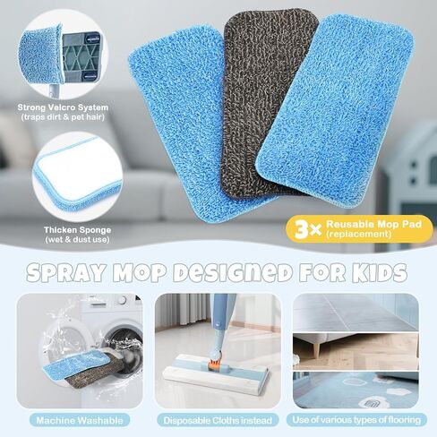 Dreamon Kids Pray Mop - مجموعة تنظيف صغيرة تعمل مع رشيش الماء و 3 منصات ممسحة قابلة للغسل وكاشطة ، تتظاهر بلعب Montessori Housekeeping Toys Homps للأطفال الصغار للأطفال الفتيات (الأزرق) in Kuwait