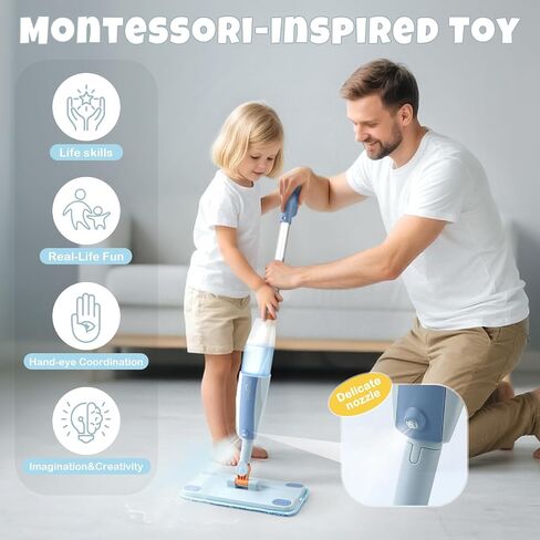 Dreamon Kids Pray Mop - مجموعة تنظيف صغيرة تعمل مع رشيش الماء و 3 منصات ممسحة قابلة للغسل وكاشطة ، تتظاهر بلعب Montessori Housekeeping Toys Homps للأطفال الصغار للأطفال الفتيات (الأزرق) in Kuwait