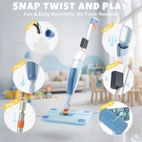 Dreamon Kids Pray Mop - مجموعة تنظيف صغيرة تعمل مع رشيش الماء و 3 منصات ممسحة قابلة للغسل وكاشطة ، تتظاهر بلعب Montessori Housekeeping Toys Homps للأطفال الصغار للأطفال الفتيات (الأزرق) in Kuwait