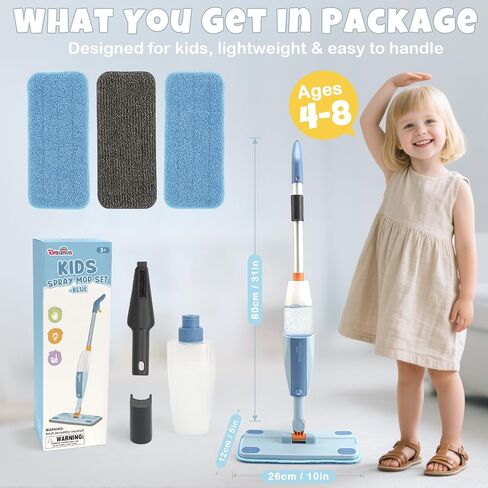 Dreamon Kids Pray Mop - مجموعة تنظيف صغيرة تعمل مع رشيش الماء و 3 منصات ممسحة قابلة للغسل وكاشطة ، تتظاهر بلعب Montessori Housekeeping Toys Homps للأطفال الصغار للأطفال الفتيات (الأزرق) in Kuwait