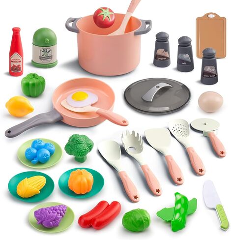 35pcs Kids Kids Kitch Kitchen Toy Assories ، Toddler Therend Playset مع أواني اللعب ، والأقواس ، والأدوات ، وأدوات الطهي ، ومجموعة الأطعمة ، والخضروات لعبة ، وهدية التعلم للفتيات والفتيان (الوردي) in Kuwait