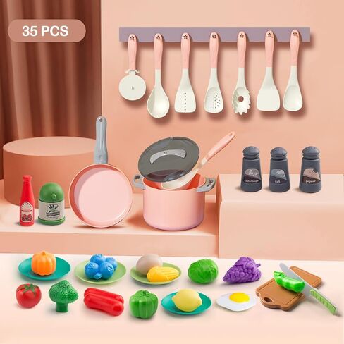 35pcs Kids Kids Kitch Kitchen Toy Assories ، Toddler Therend Playset مع أواني اللعب ، والأقواس ، والأدوات ، وأدوات الطهي ، ومجموعة الأطعمة ، والخضروات لعبة ، وهدية التعلم للفتيات والفتيان (الوردي) in Kuwait