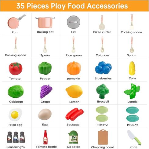 35pcs Kids Kids Kitch Kitchen Toy Assories ، Toddler Therend Playset مع أواني اللعب ، والأقواس ، والأدوات ، وأدوات الطهي ، ومجموعة الأطعمة ، والخضروات لعبة ، وهدية التعلم للفتيات والفتيان (الوردي) in Kuwait