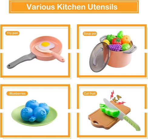 35pcs Kids Kids Kitch Kitchen Toy Assories ، Toddler Therend Playset مع أواني اللعب ، والأقواس ، والأدوات ، وأدوات الطهي ، ومجموعة الأطعمة ، والخضروات لعبة ، وهدية التعلم للفتيات والفتيان (الوردي) in Kuwait