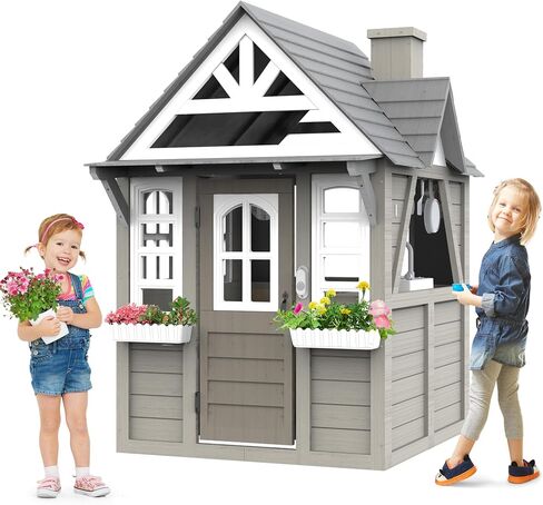 Outdoor Kids Playhouse, All Fir Gray Modern Wooden Playhouse, Indoor Outdoor Cottage Play House w/Sink, Stove, Cookware, Flowerpot Holders, Working Doorbell, for Kids Ages 3-8 (Gray) in Kuwait