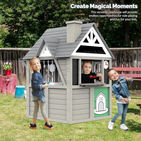 Outdoor Kids Playhouse, All Fir Gray Modern Wooden Playhouse, Indoor Outdoor Cottage Play House w/Sink, Stove, Cookware, Flowerpot Holders, Working Doorbell, for Kids Ages 3-8 (Gray) in Kuwait