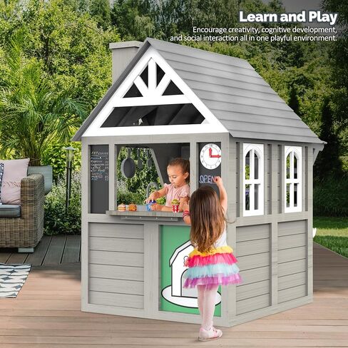 Outdoor Kids Playhouse, All Fir Gray Modern Wooden Playhouse, Indoor Outdoor Cottage Play House w/Sink, Stove, Cookware, Flowerpot Holders, Working Doorbell, for Kids Ages 3-8 (Gray) in Kuwait